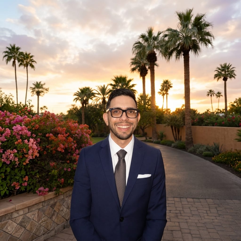 Rafa Mata in Phoenix, palm trees and a sunset sky behind him